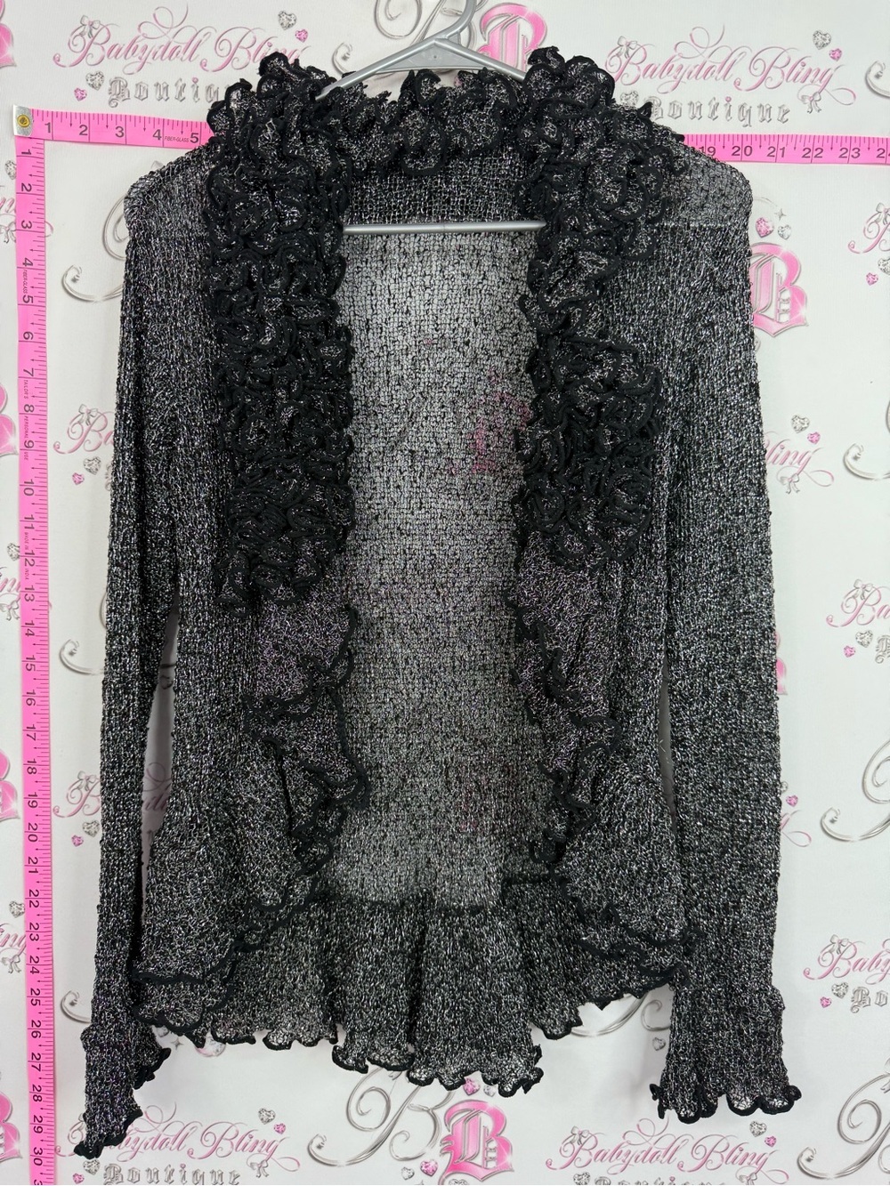 SHARANEL Women's Metallic Ruffle Open-Front Sweater Cardigan - Black/Silver